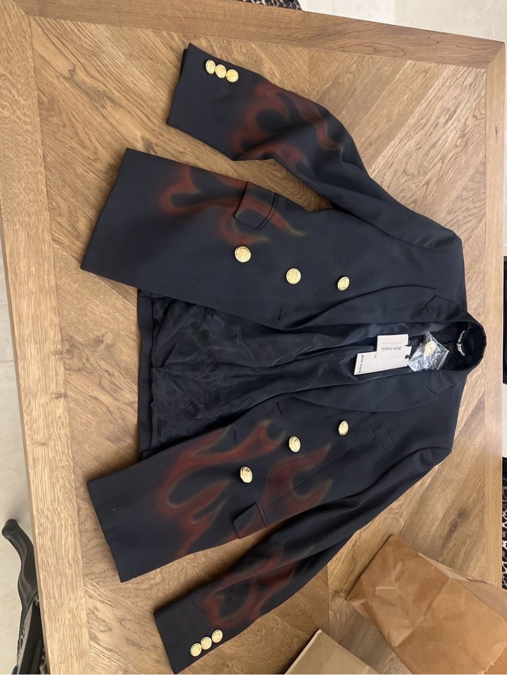 Palm Angels Black Double-Breasted Pea Coat with Red Flame Print Size 36
